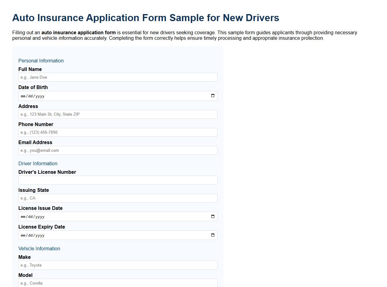 Auto insurance application form sample for new drivers image preview
