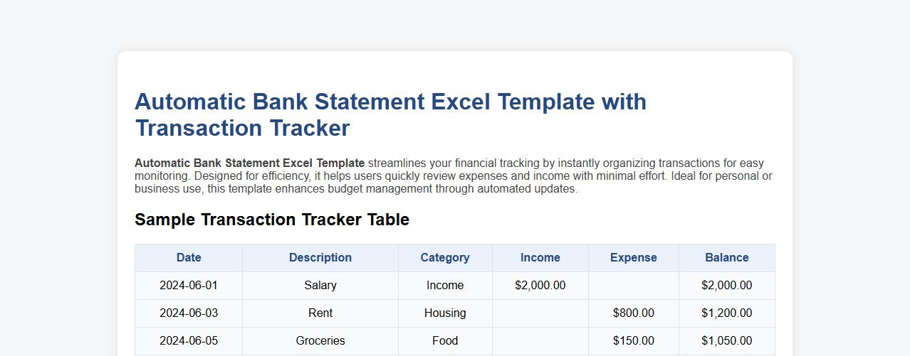 automatic bank statement excel template with transaction tracker image preview