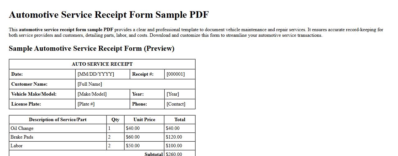 automotive service receipt form sample PDF image preview