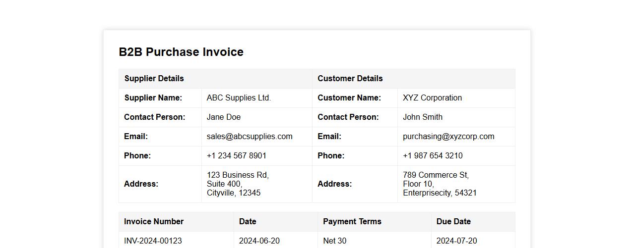 B2B purchase invoice sample with supplier details image preview