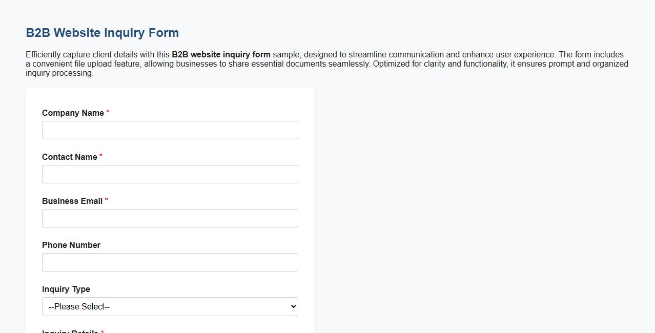 B2B website inquiry form sample with file upload image preview