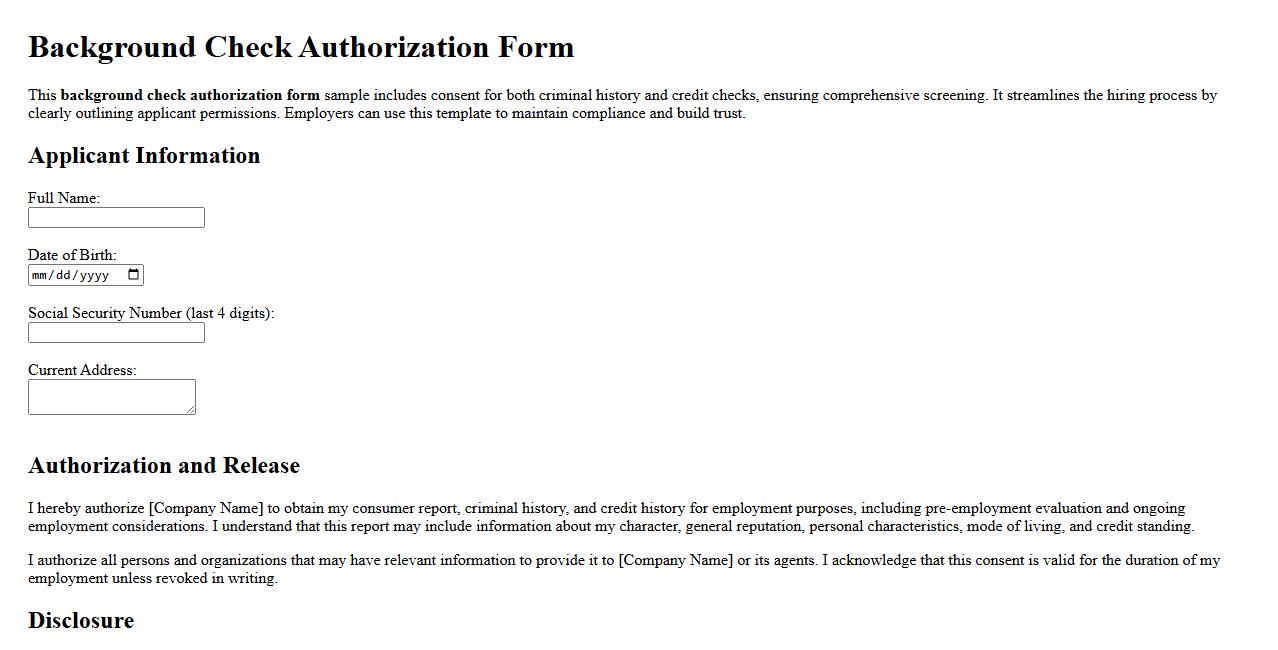 Background check authorization form sample with credit check image preview