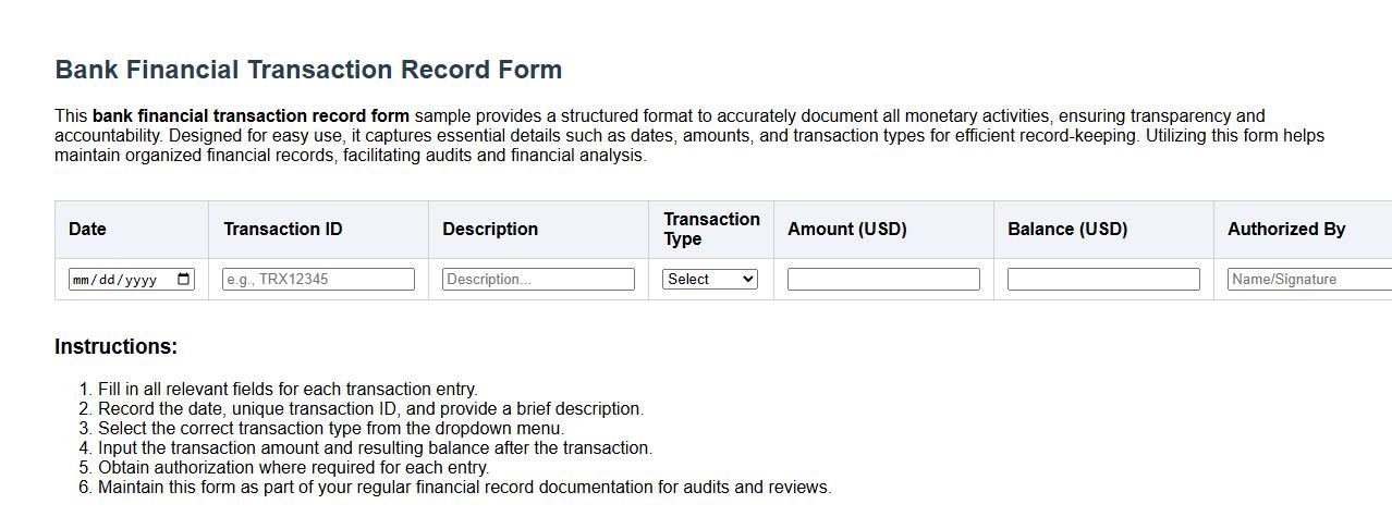 Bank financial transaction record form sample image preview