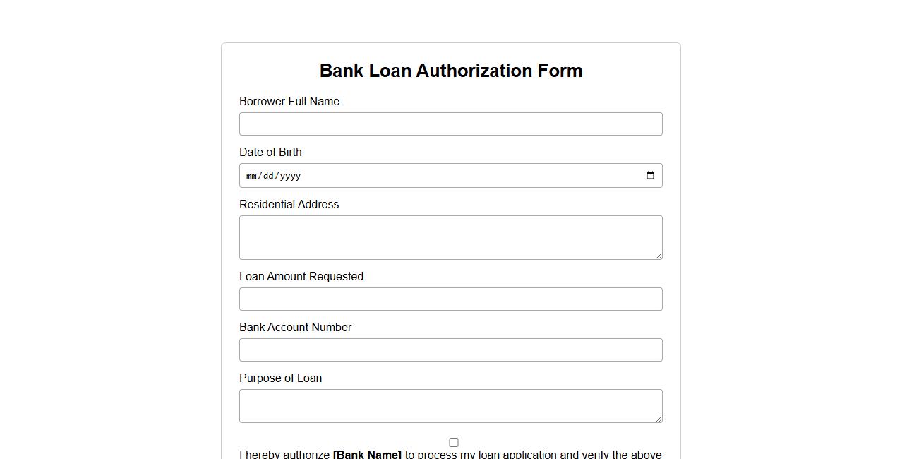 Bank loan authorization form sample with signature image preview