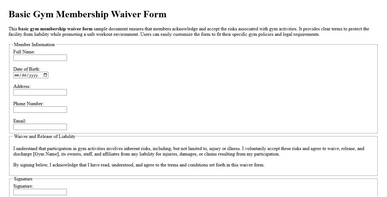 Basic gym membership waiver form sample doc image preview