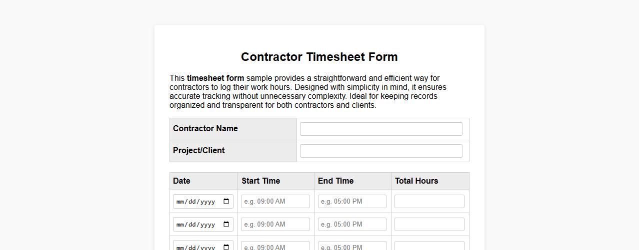 basic simple timesheet form sample for contractors image preview