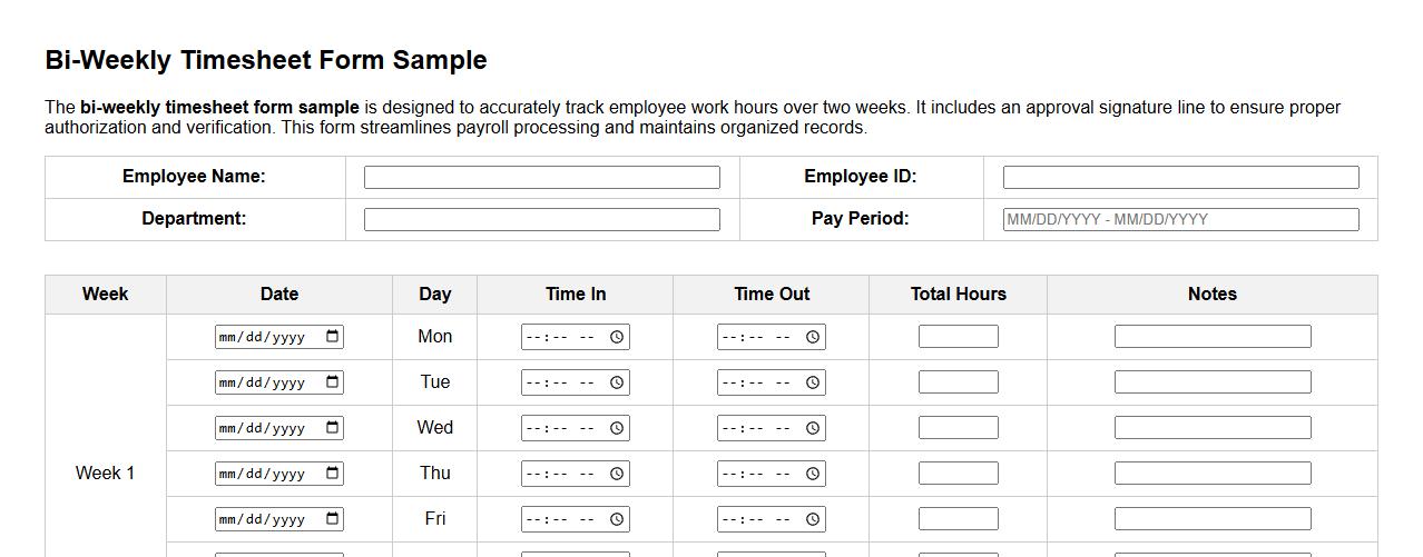 bi-weekly timesheet form sample with approval signature line image preview