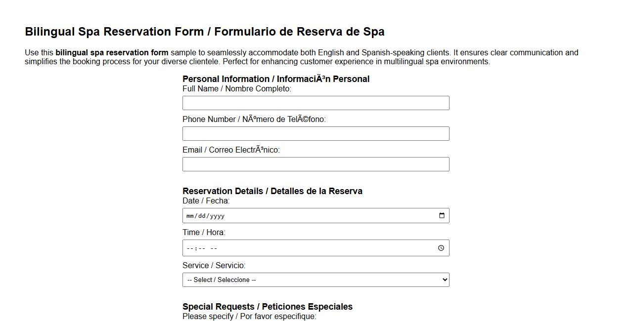 bilingual spa reservation form sample English Spanish image preview