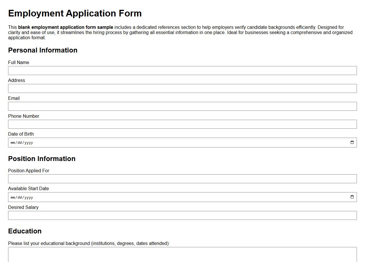Blank employment application form sample with references section image preview