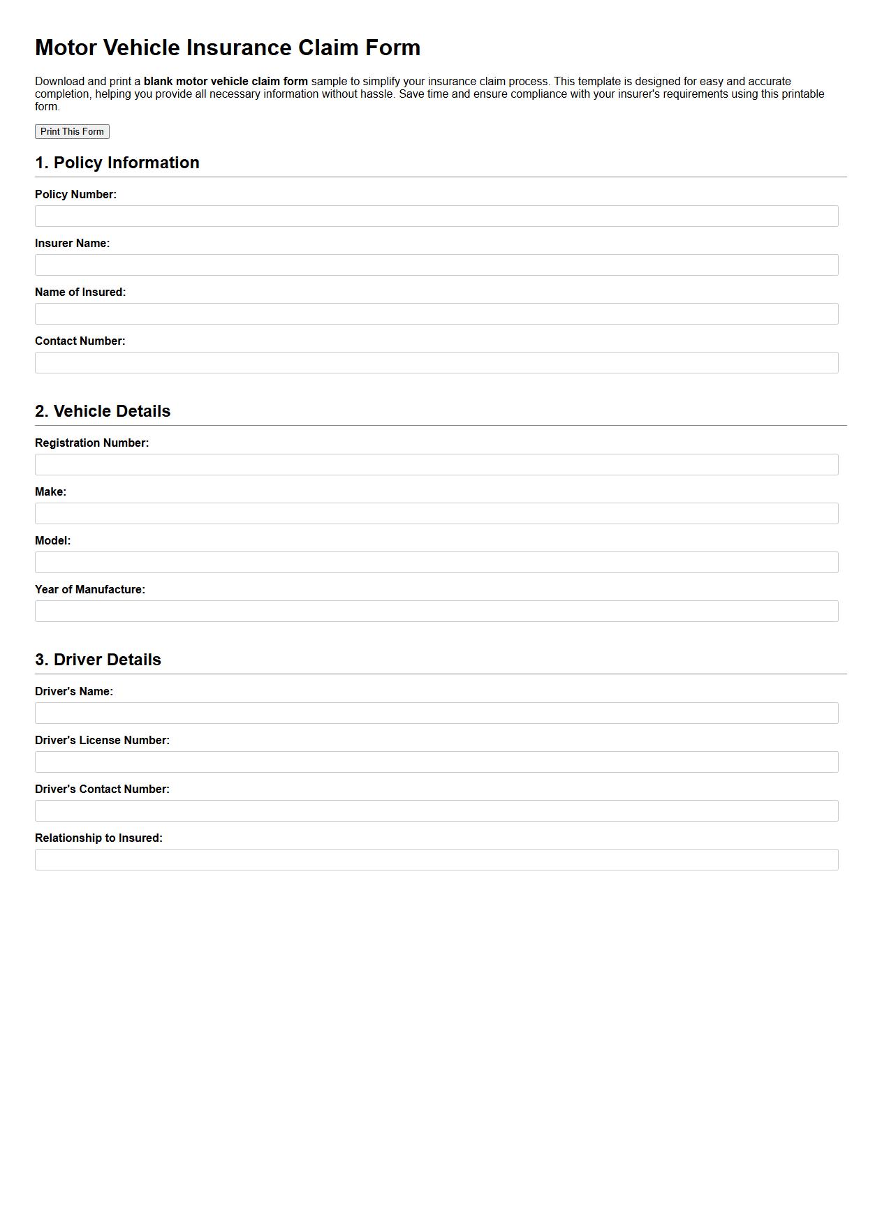 Blank motor vehicle claim form sample for printing image preview