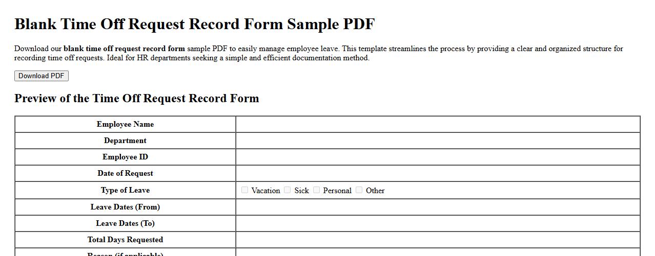 blank time off request record form sample PDF image preview