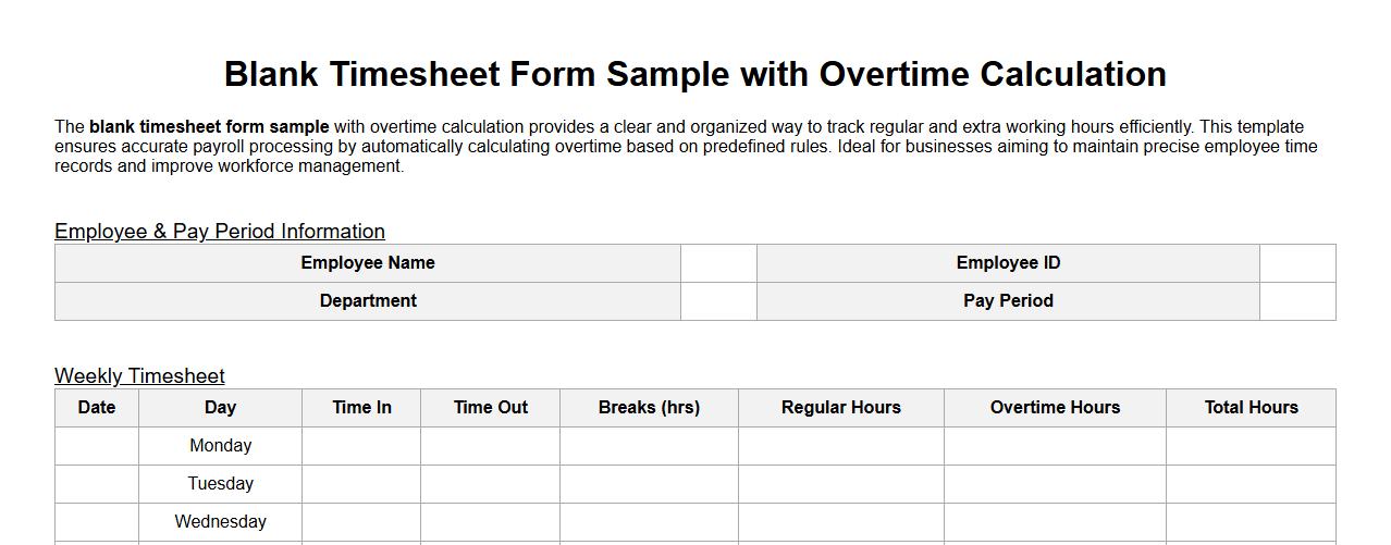 blank timesheet form sample with overtime calculation image preview
