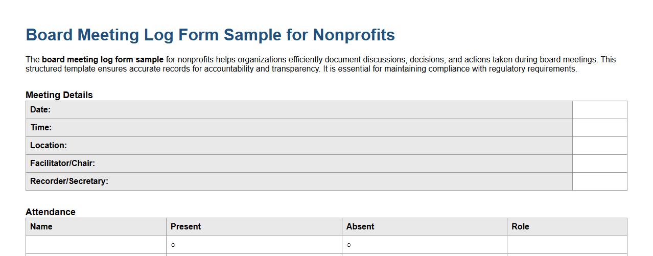board meeting log form sample for nonprofits image preview