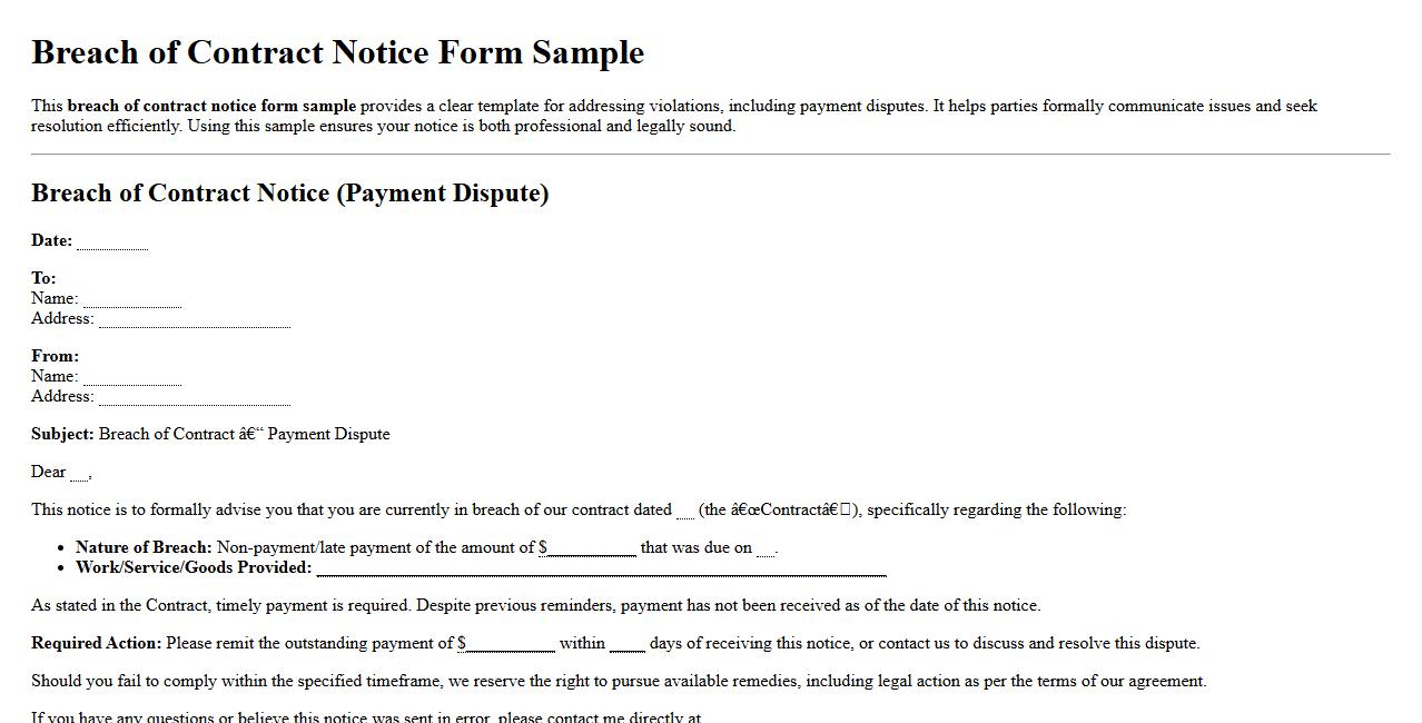 Breach of contract notice form sample including payment dispute image preview
