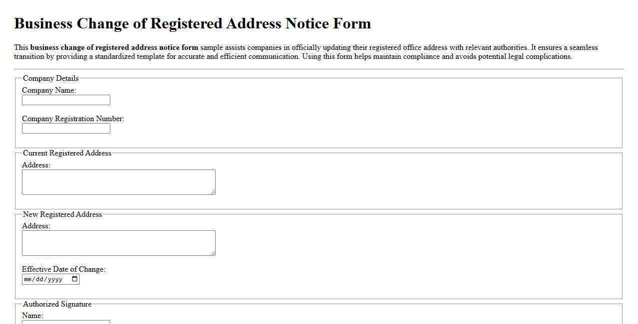 Business change of registered address notice form sample image preview