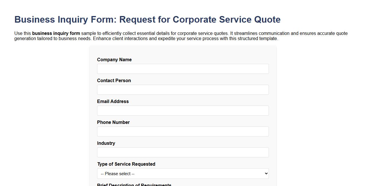 Business inquiry form sample for corporate service quotes image preview