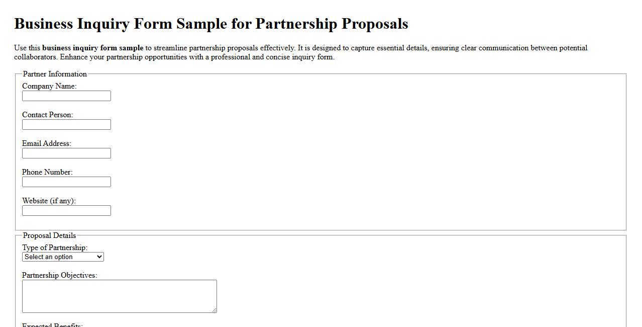 Business inquiry form sample for partnership proposals image preview