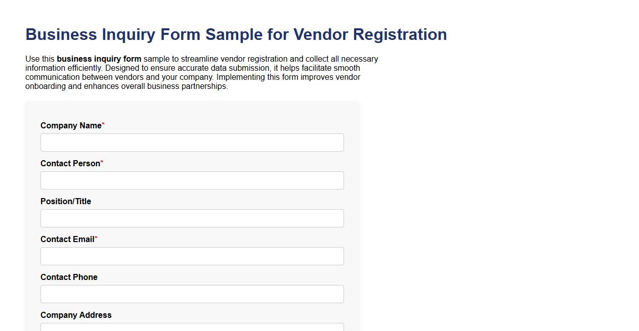 Business inquiry form sample for vendor registration image preview
