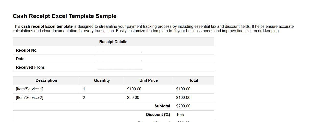 cash receipt excel template including tax and discount fields image preview