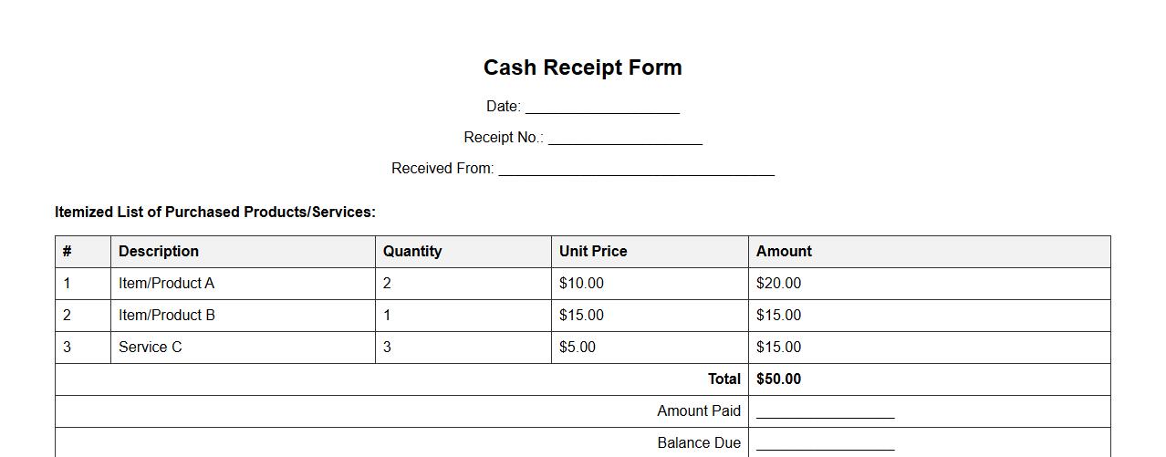 cash receipt form sample with itemized list image preview