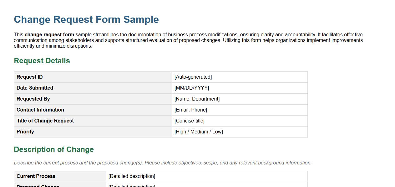 Change request form sample for business process changes image preview
