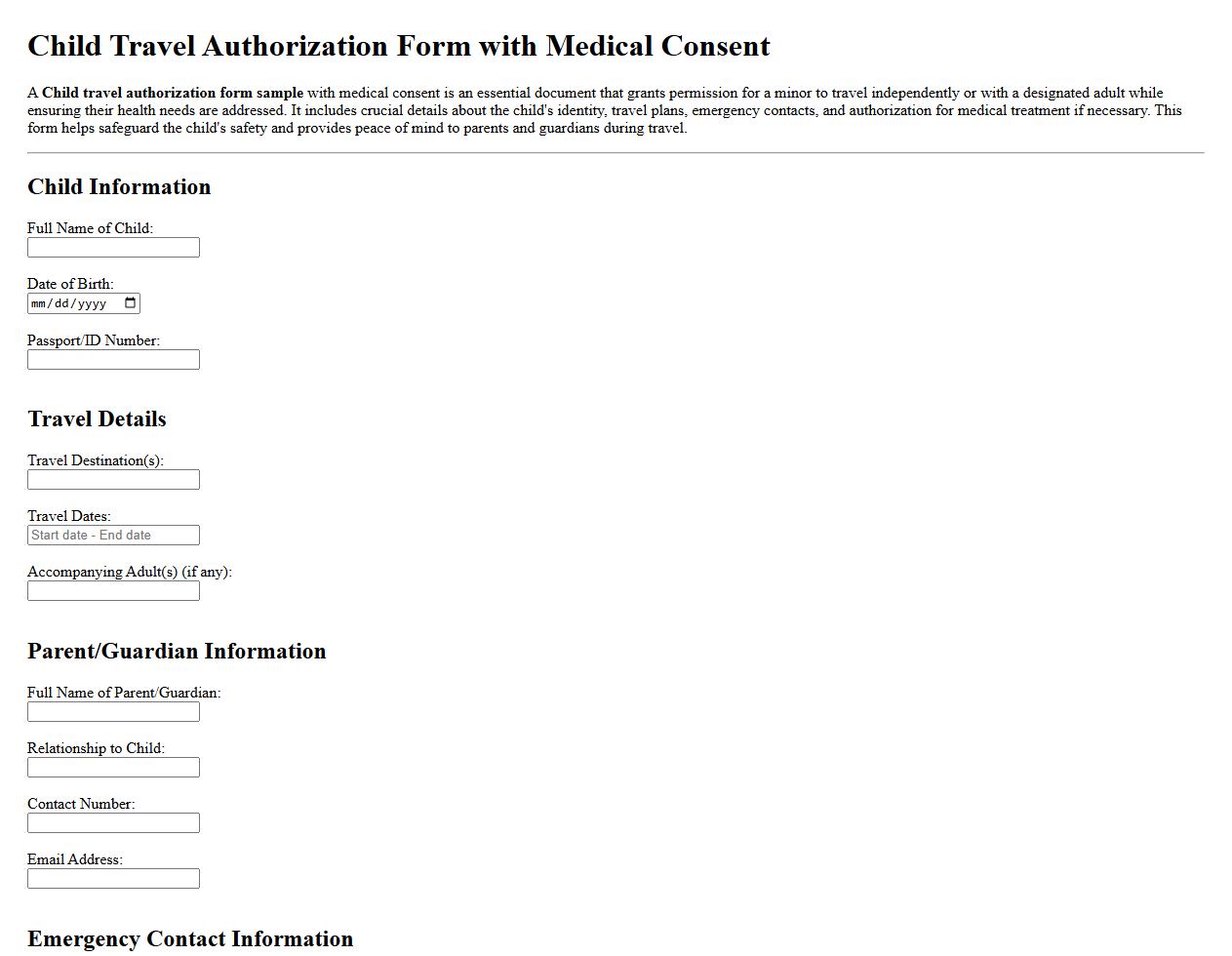 Child travel authorization form sample with medical consent image preview