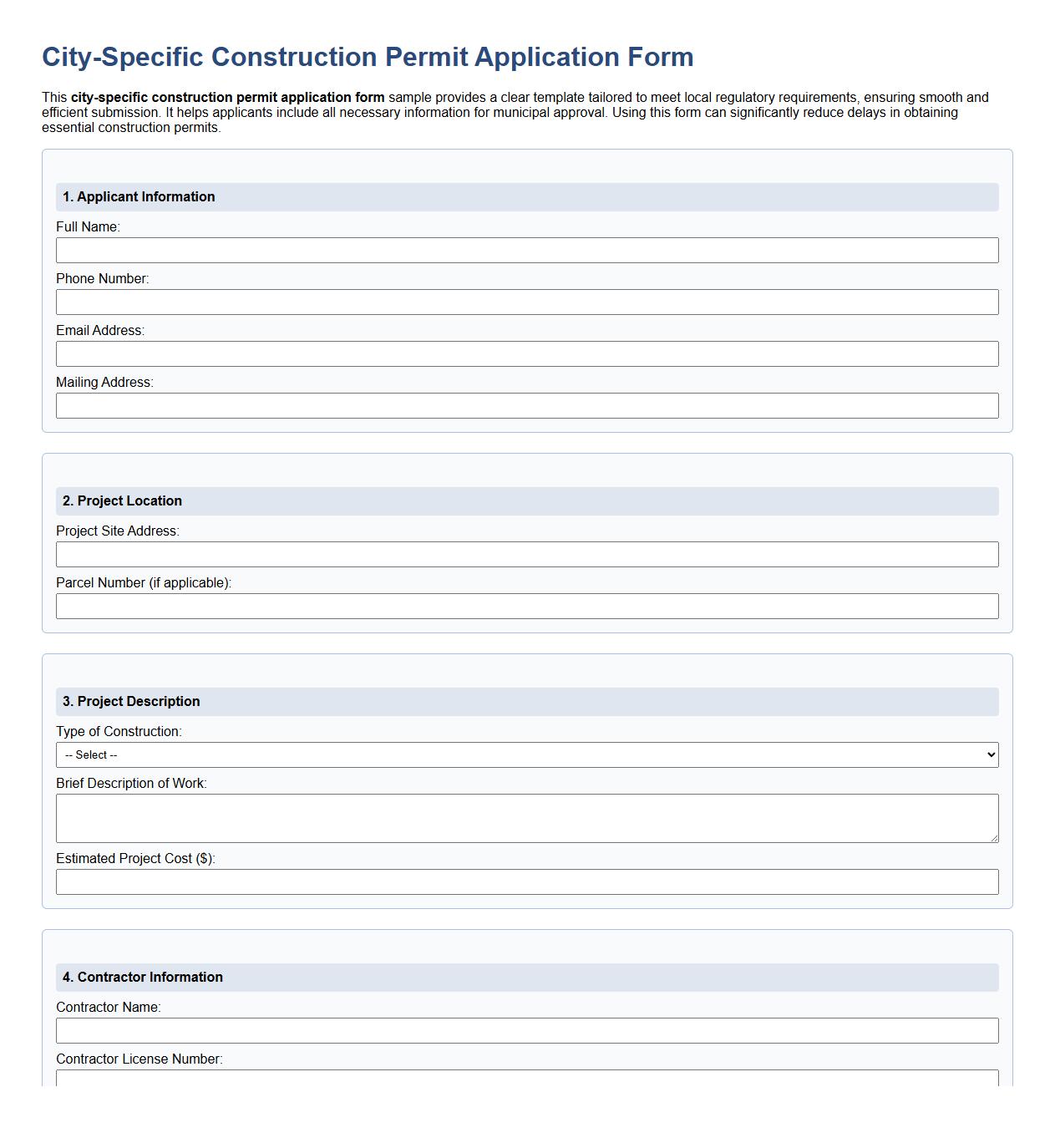 City-specific construction permit application form sample image preview