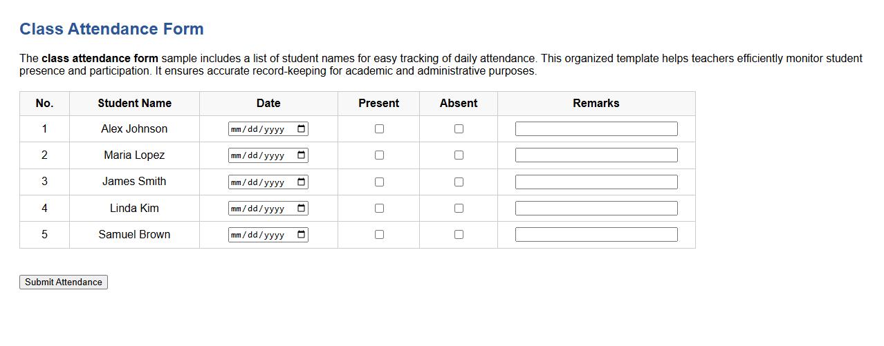 class attendance form sample with student names image preview