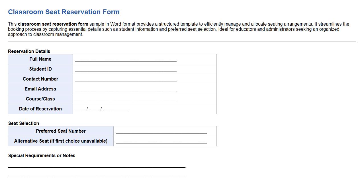 Classroom seat reservation form sample word format image preview