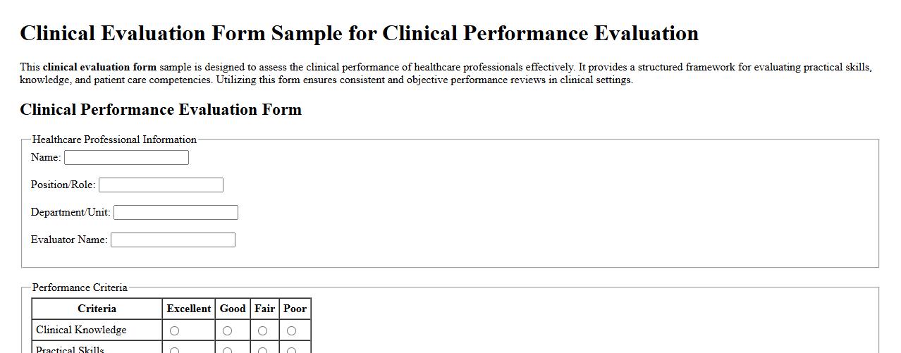 Clinical evaluation form sample for clinical performance evaluation image preview