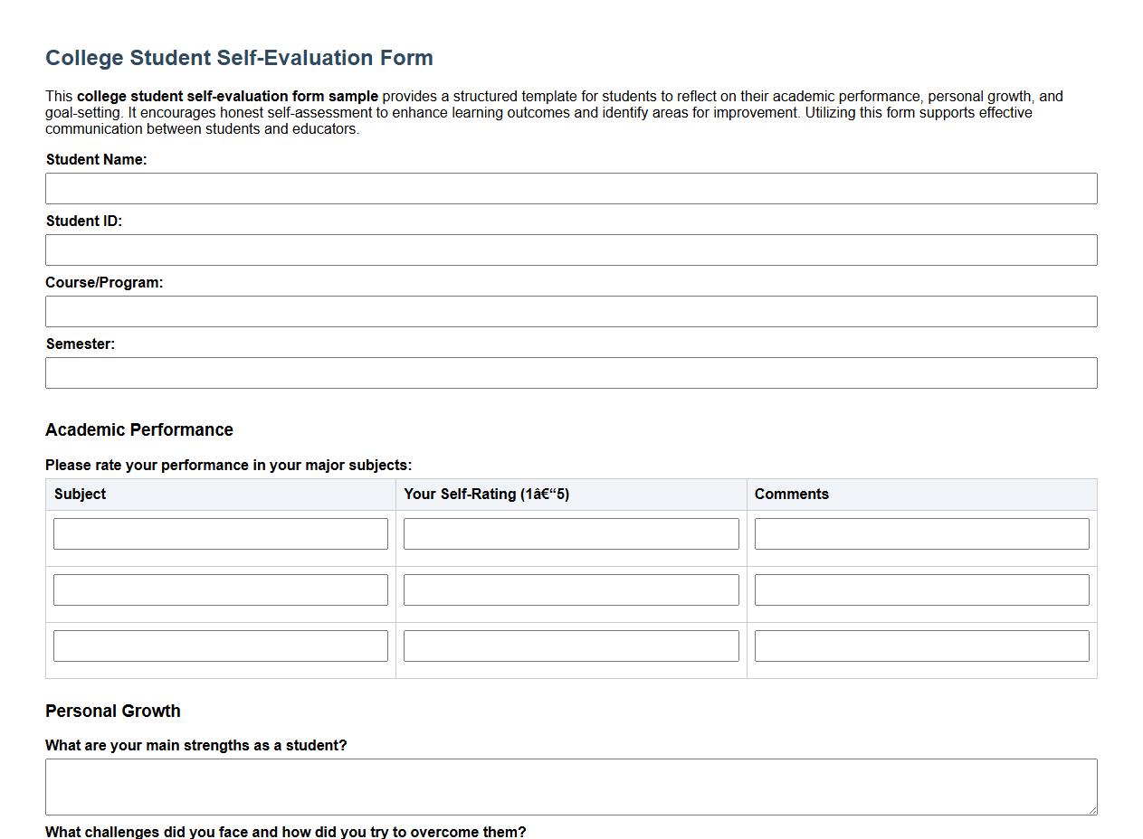 college student self-evaluation form sample image preview
