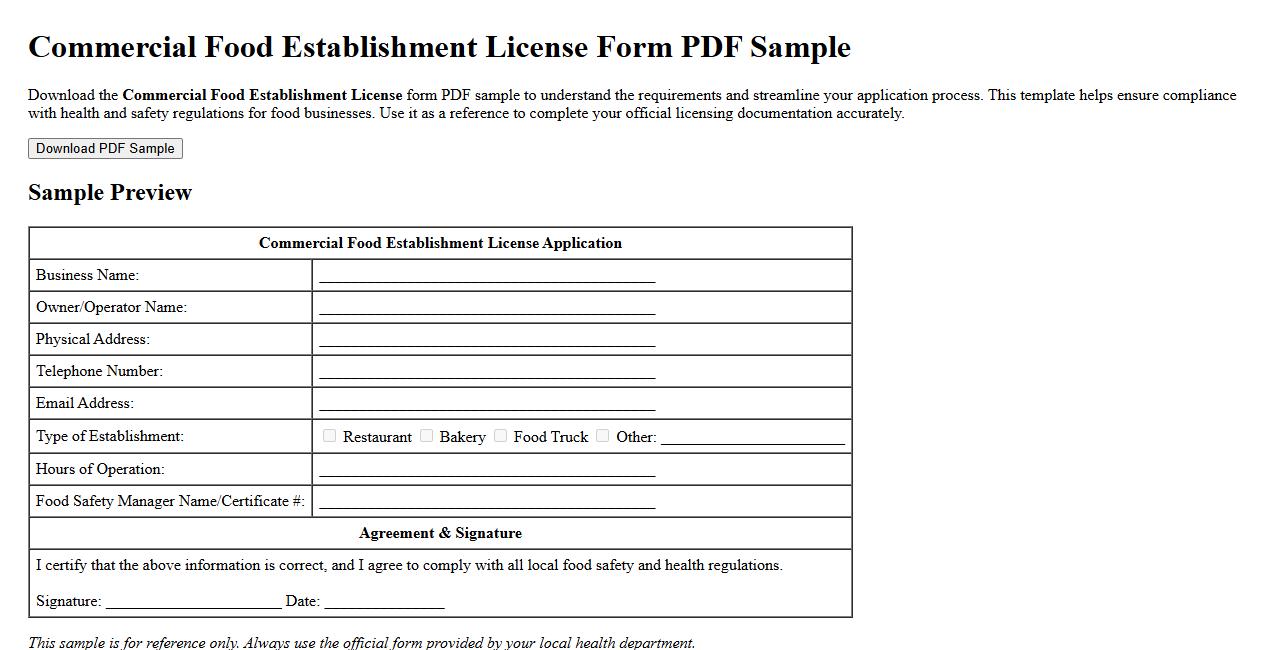 Commercial food establishment license form PDF sample image preview