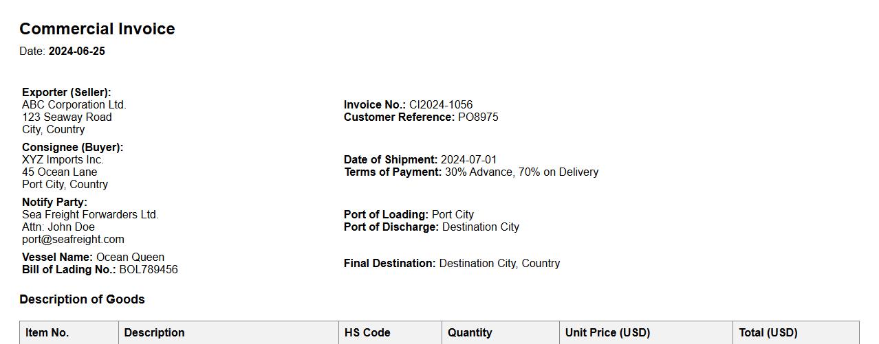 commercial invoice sample for sea shipment image preview
