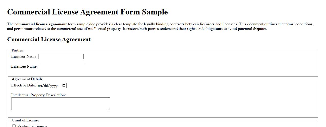 Commercial license agreement form sample doc image preview