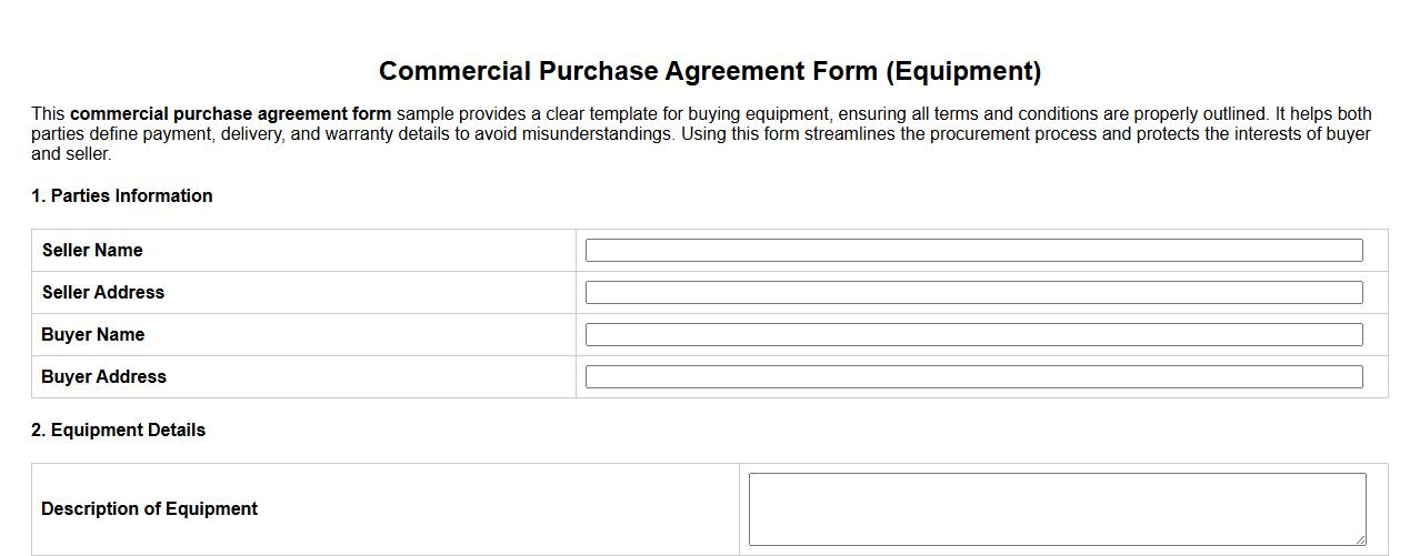 Commercial purchase agreement form sample for equipment image preview