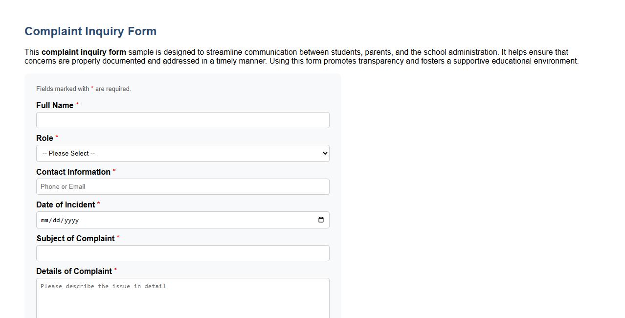 Complaint inquiry form sample for school administration image preview