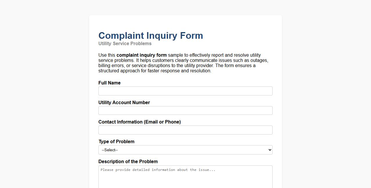 Complaint inquiry form sample for utility service problems image preview