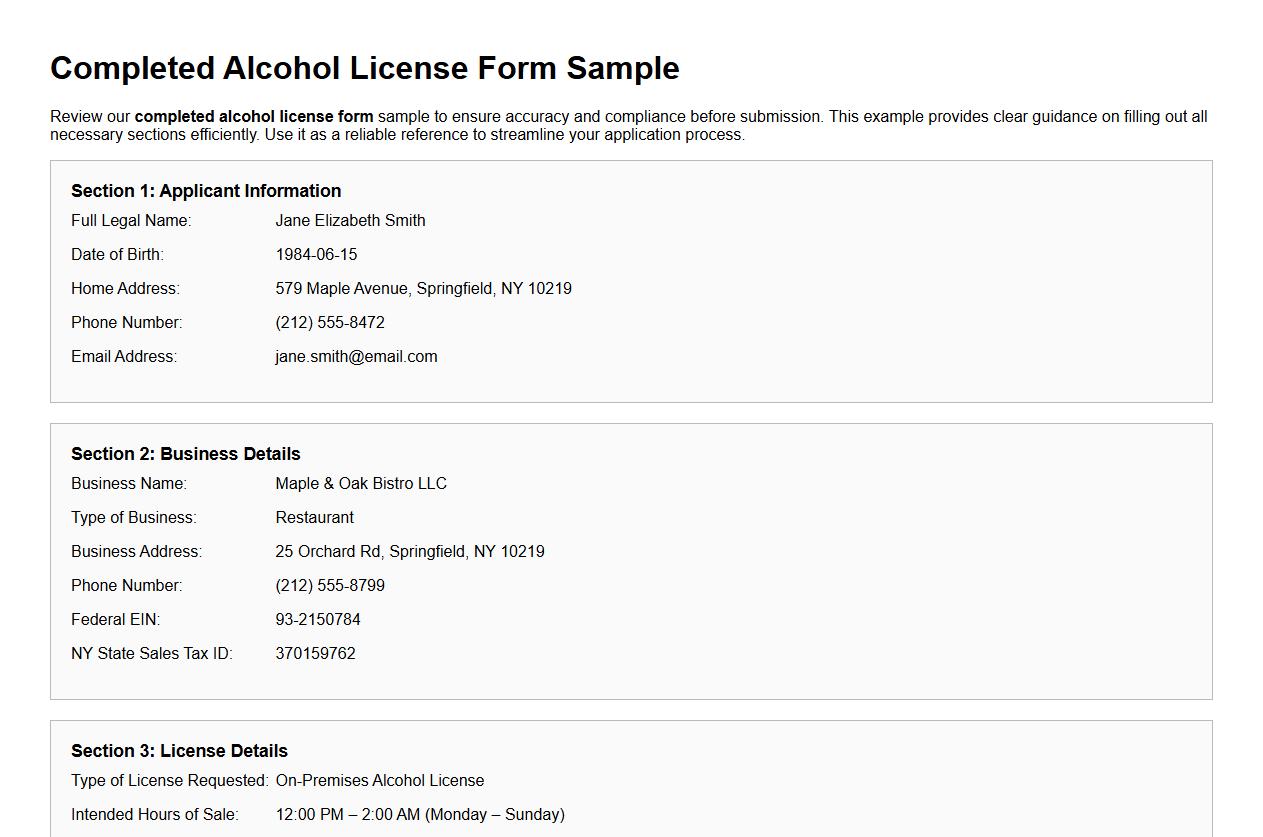 completed alcohol license form sample for review image preview