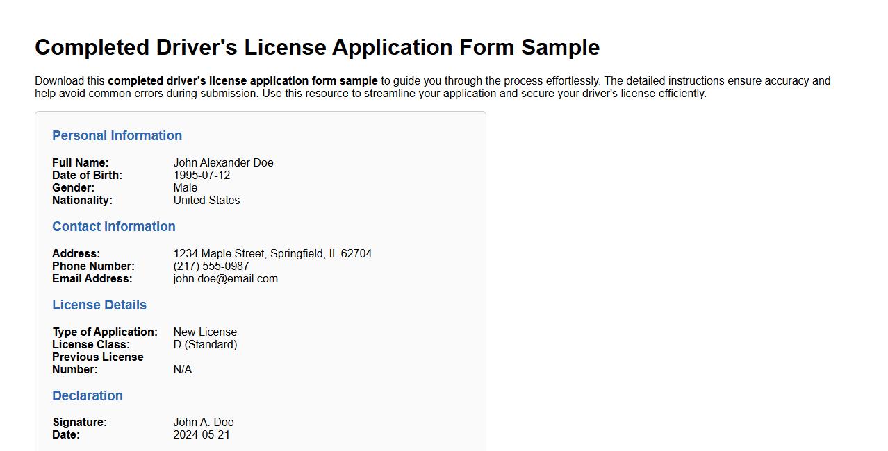 Completed driver’s license application form sample with instructions image preview