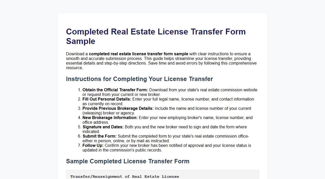 Completed real estate license transfer form sample with instructions image preview