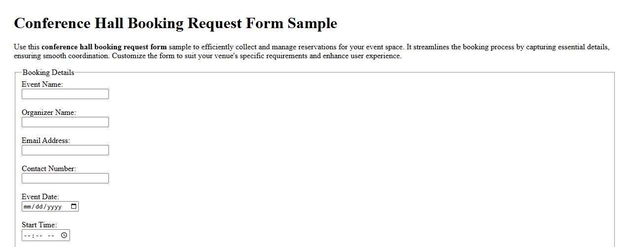 Conference hall booking request form sample image preview