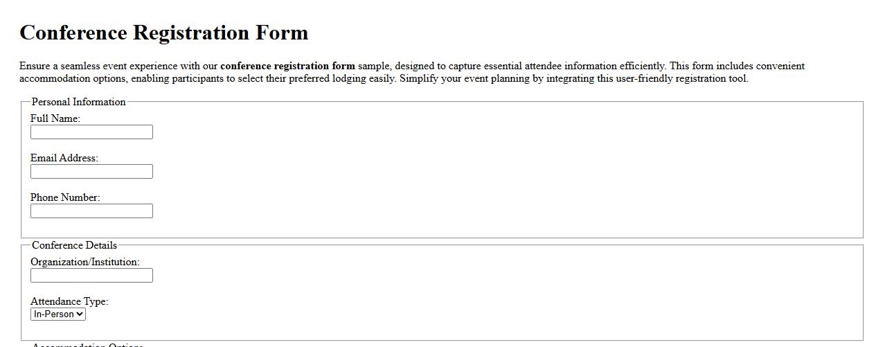 Conference registration form sample with accommodation options image preview