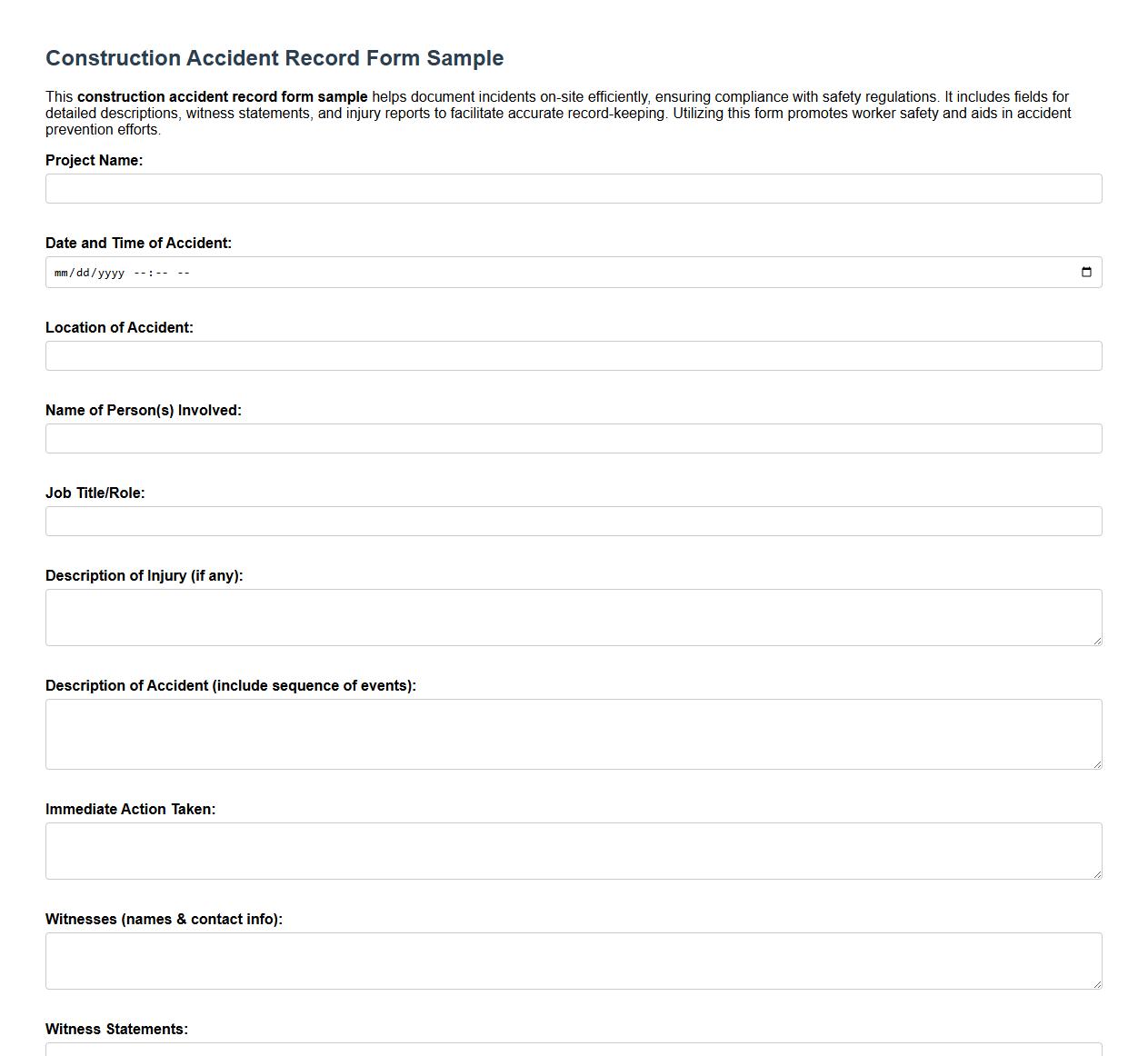 construction accident record form sample image preview