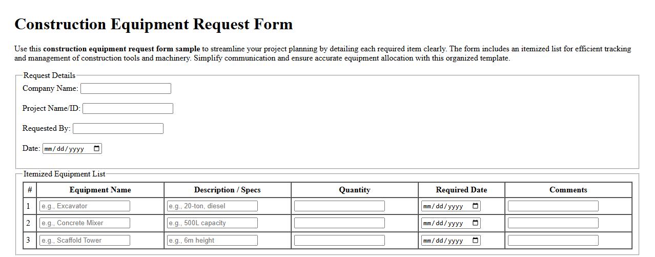 construction equipment request form sample with itemized list image preview