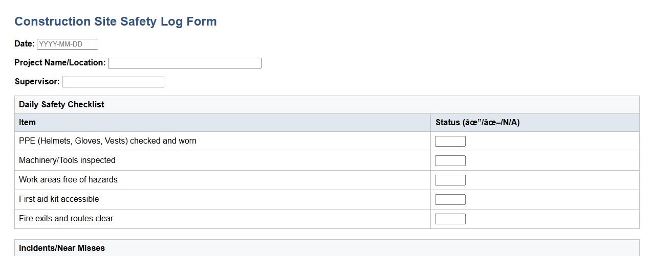 construction site safety log form sample image preview
