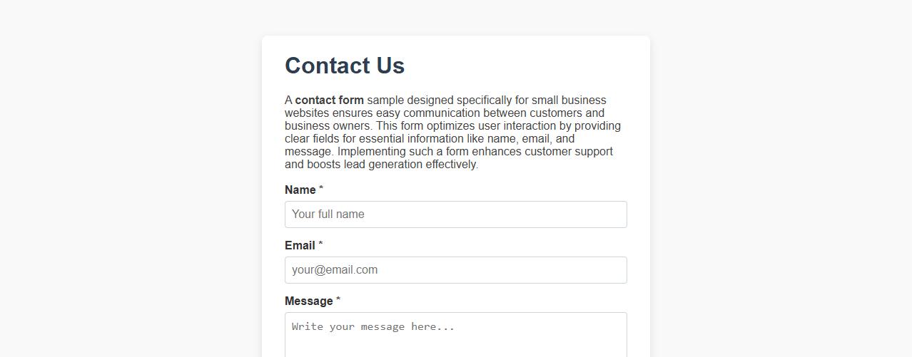 Contact form sample for small business website image preview
