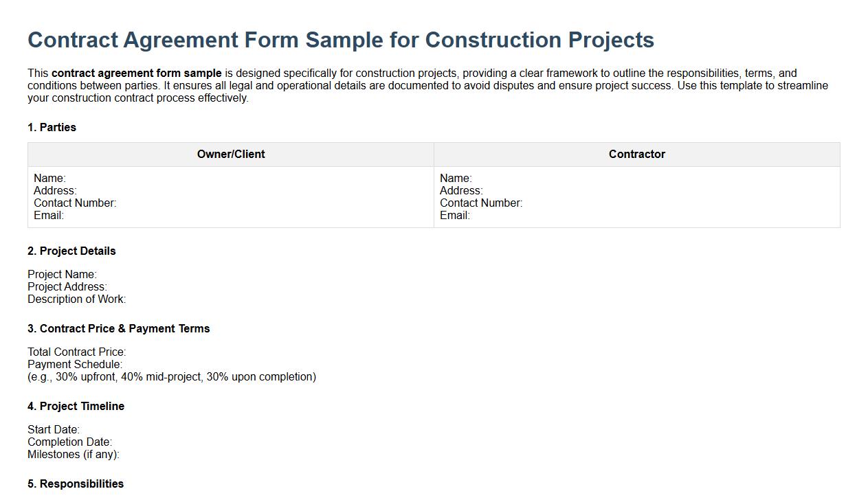 Contract agreement form sample for construction projects image preview