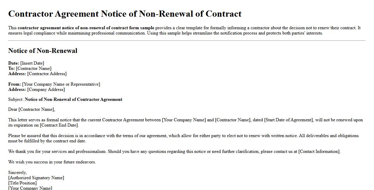 contractor agreement notice of non-renewal of contract form sample image preview