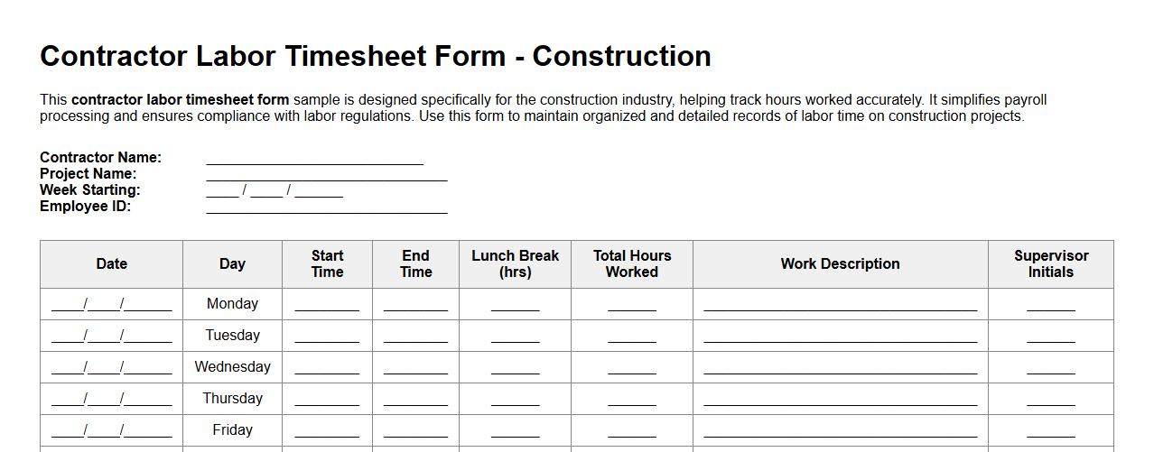 Contractor labor timesheet form sample for construction image preview
