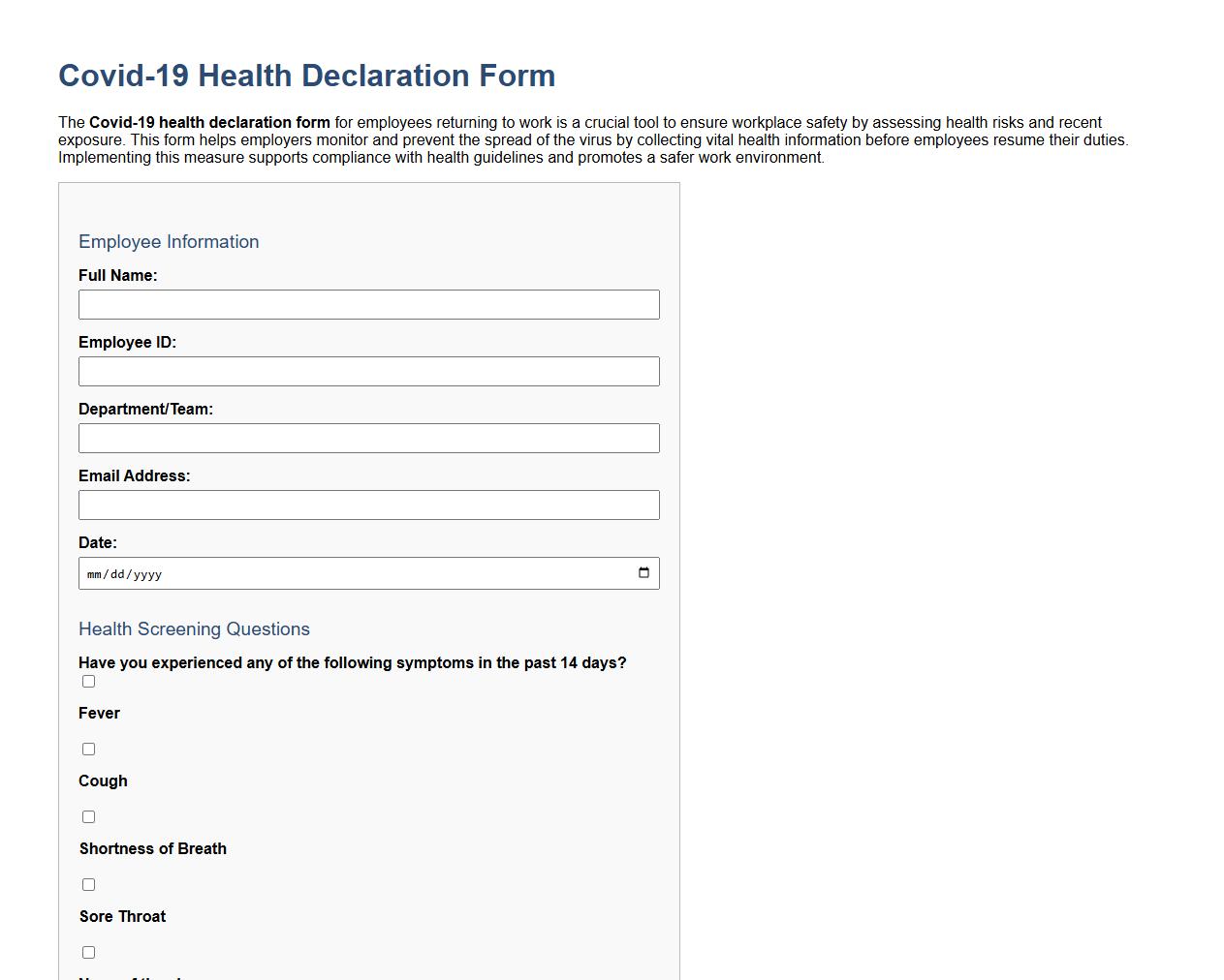 Covid-19 health declaration form sample for employees returning to work image preview